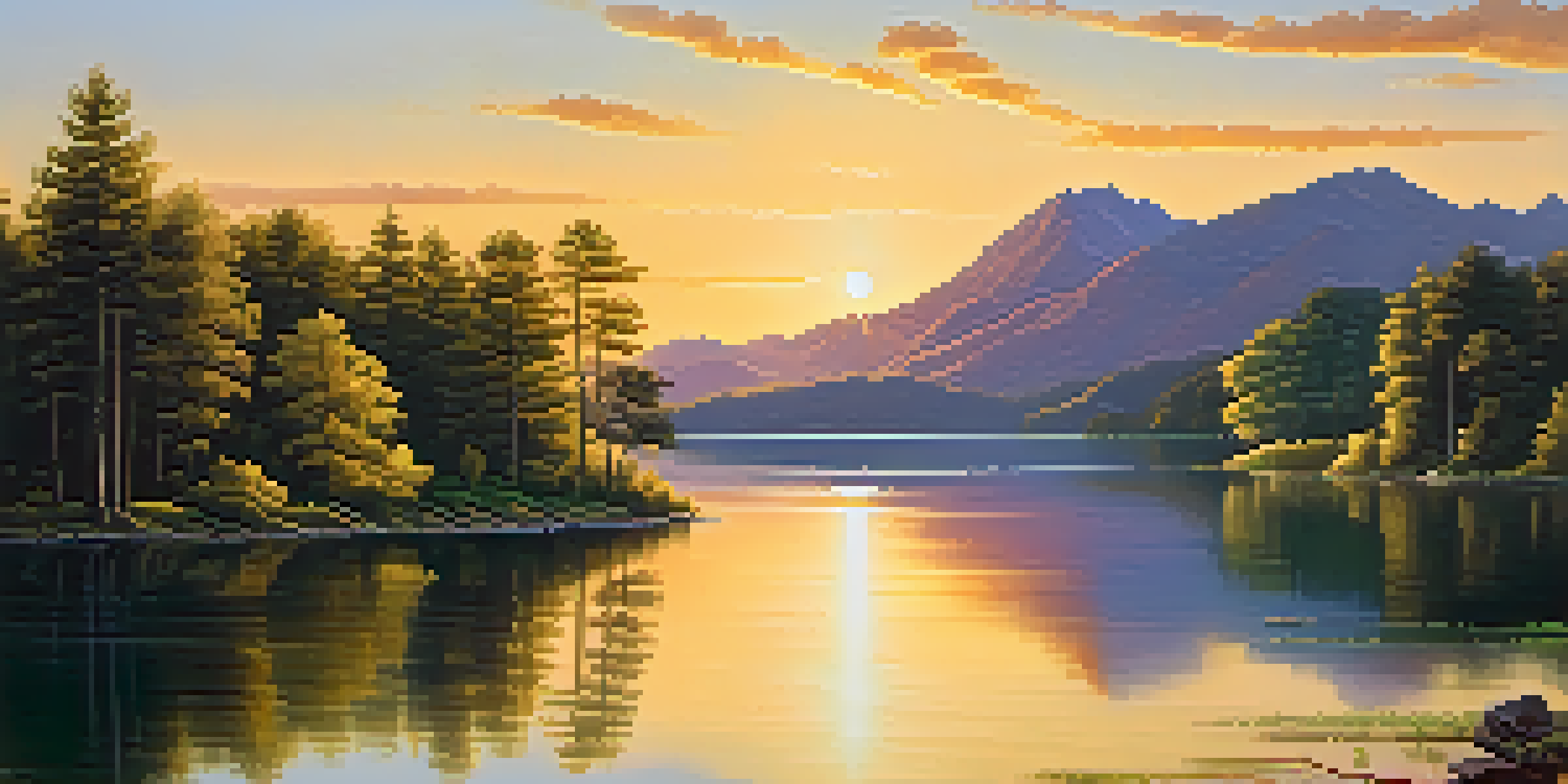 A peaceful lake scene with trees and mountains, illuminated by a golden sunset.