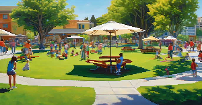 A lively park scene with families, children playing, and community gardens, showcasing a vibrant neighborhood in San Jose.
