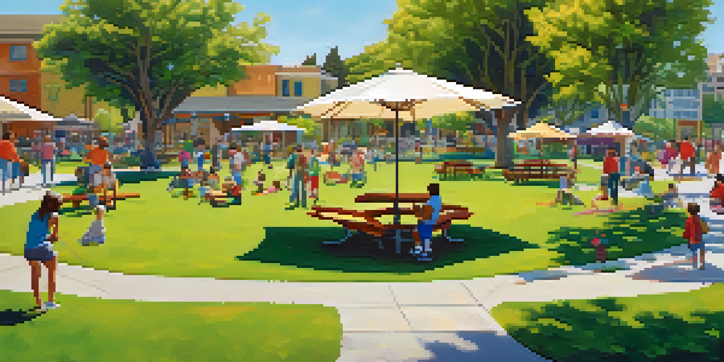 A lively park scene with families, children playing, and community gardens, showcasing a vibrant neighborhood in San Jose.