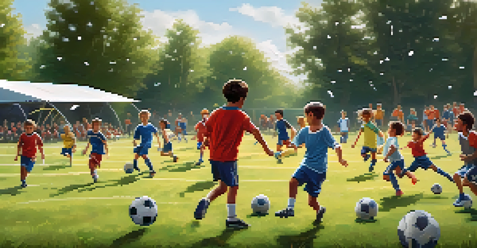 Children participating in a soccer camp, learning skills from professional coaches on a sunny day with parents cheering in the background.