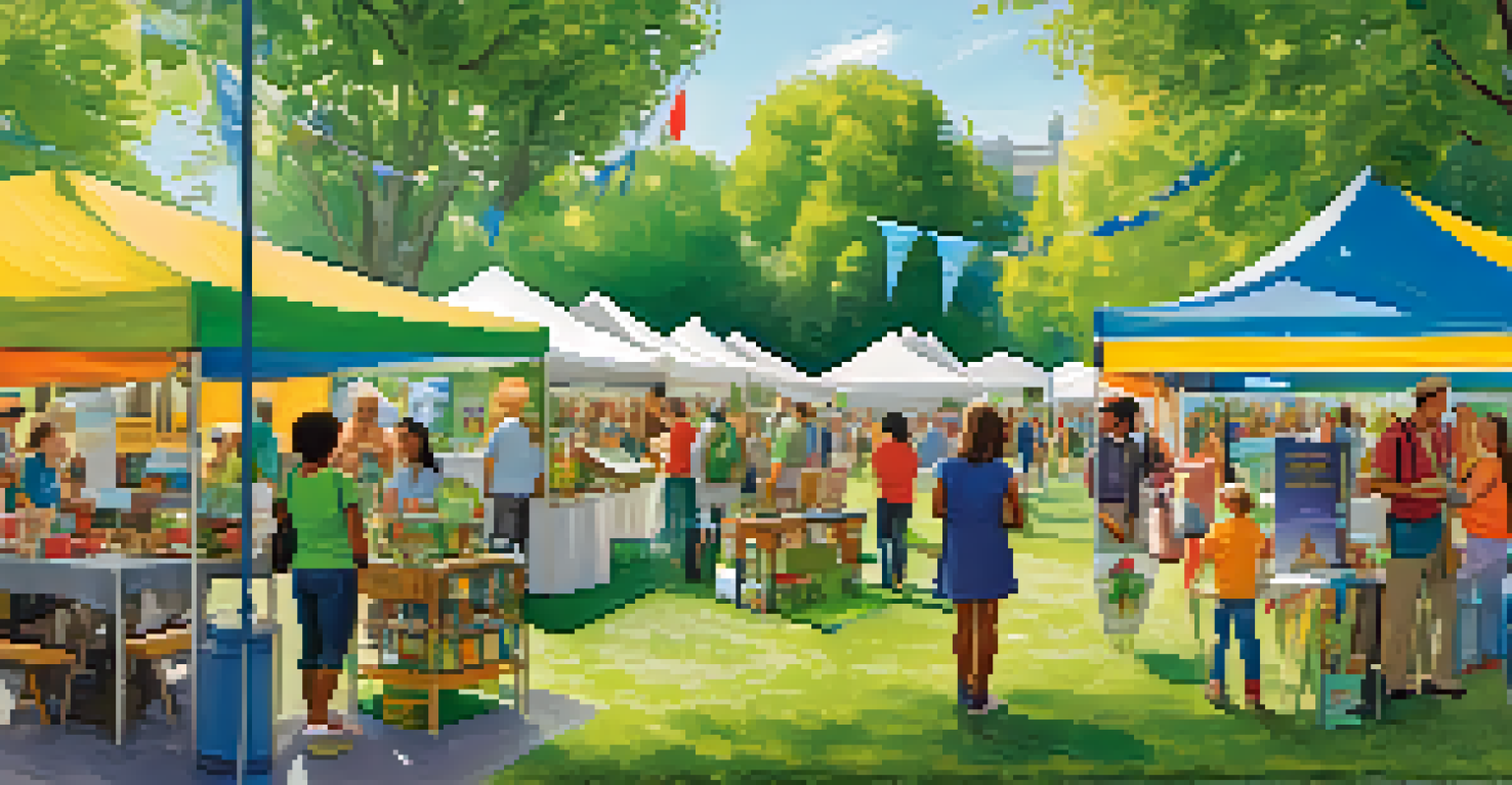 A community sustainability fair in a park with booths of green businesses, families interacting with vendors, and children engaged in eco-friendly activities under a clear blue sky.