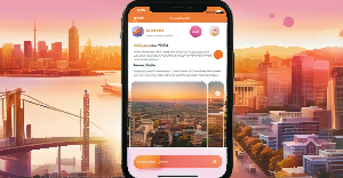 A smartphone displaying a colorful mobile app interface with community services. In the background, diverse individuals engage with the app against a sunset cityscape.