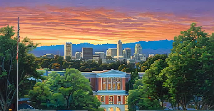 A scenic view of San Jose's skyline with the San José State University building in the foreground at dusk, showcasing a colorful sunset and city lights.