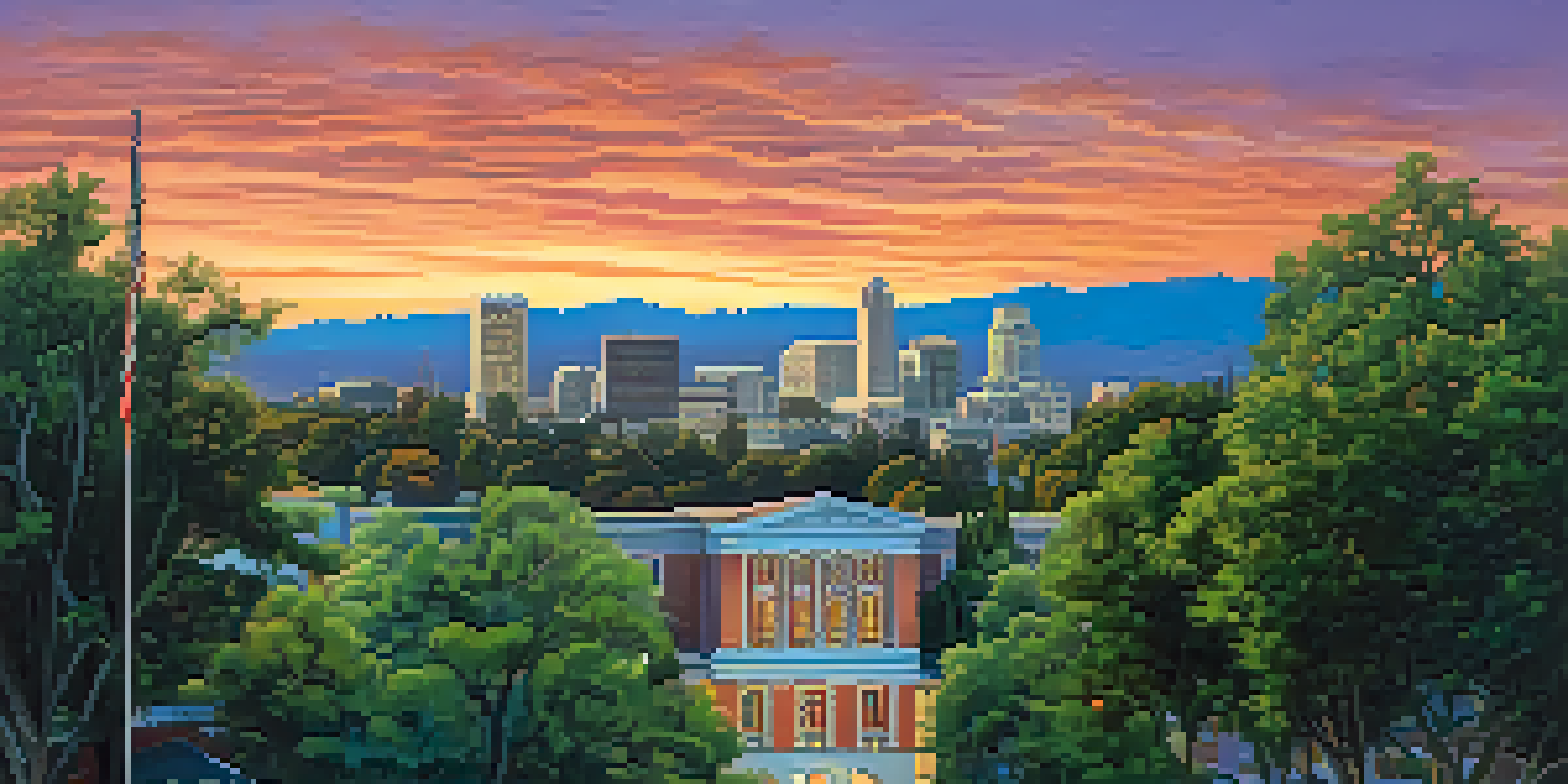 A scenic view of San Jose's skyline with the San José State University building in the foreground at dusk, showcasing a colorful sunset and city lights.