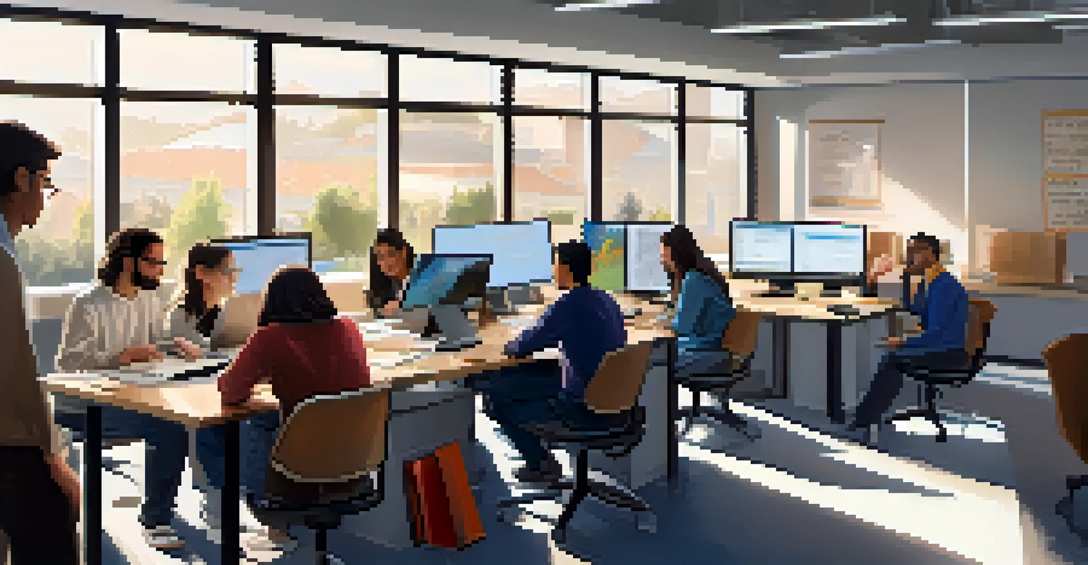 Students and professors collaborating on cybersecurity research in a well-lit workspace filled with technology and notes.
