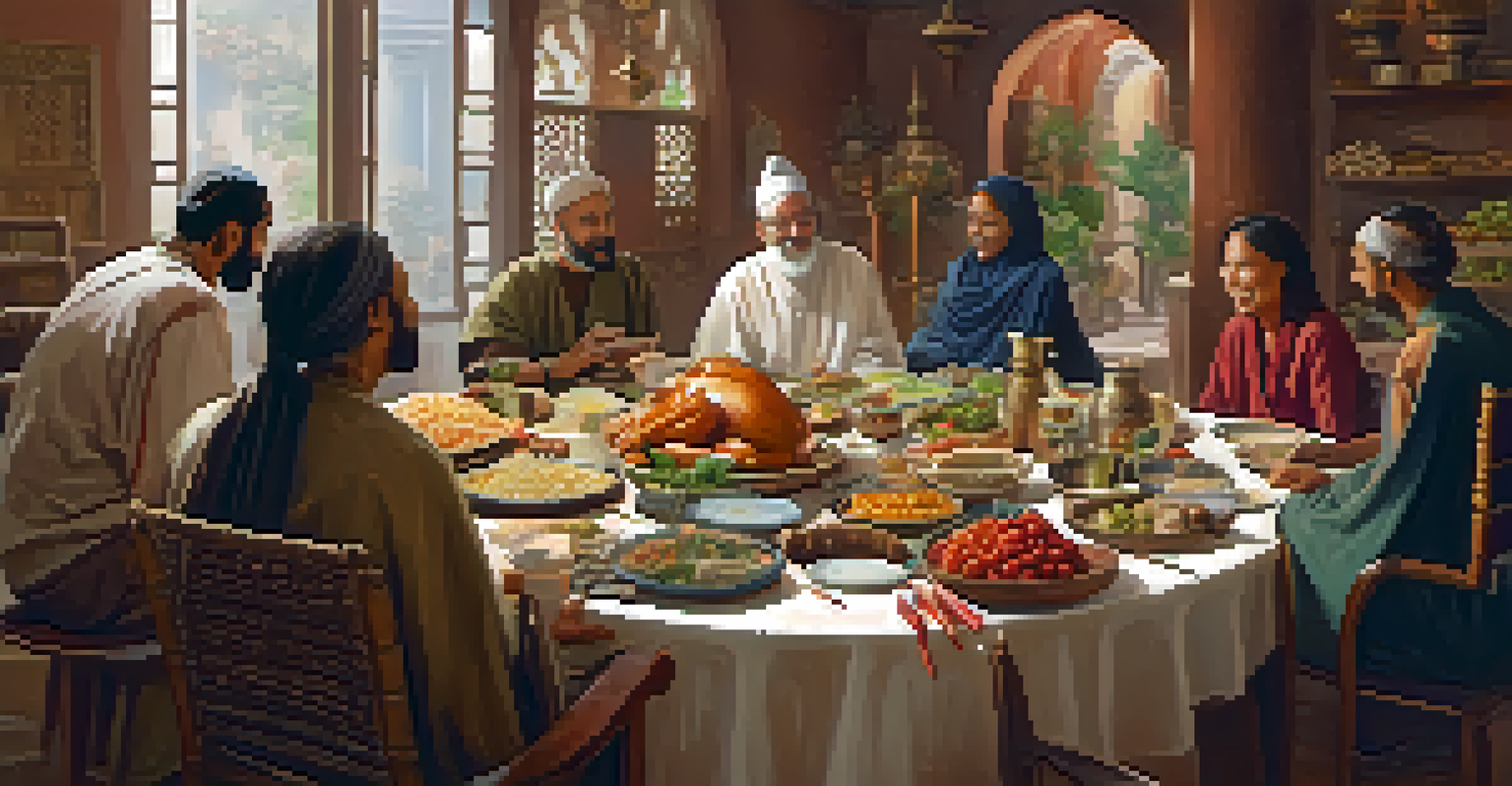 A group of diverse individuals sharing a meal around a round table filled with cultural artifacts and food.