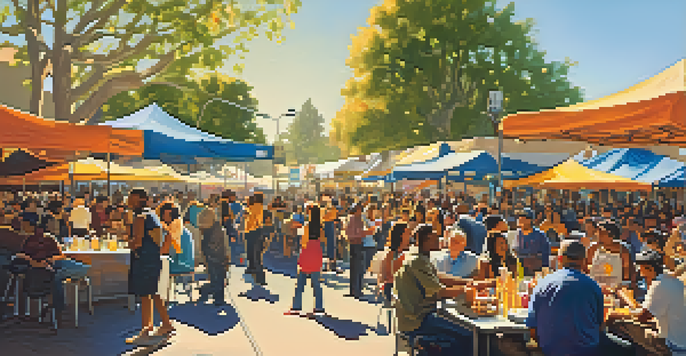 A lively outdoor jazz festival with a diverse audience enjoying music, colorful banners, and food stalls under warm sunlight.