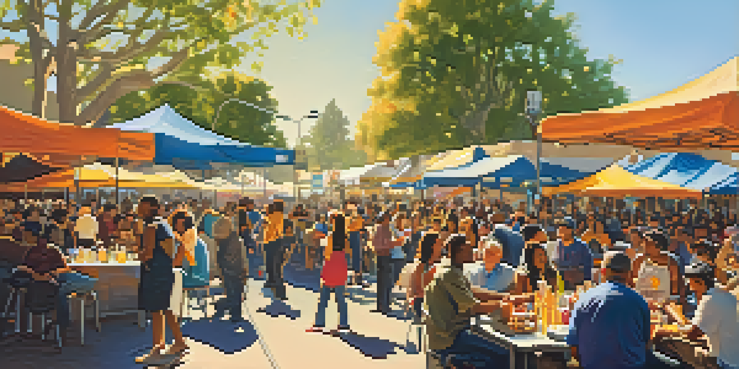 A lively outdoor jazz festival with a diverse audience enjoying music, colorful banners, and food stalls under warm sunlight.