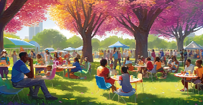 A lively community gathering in a park with diverse groups of people sharing food, playing games, and discussing ideas, surrounded by trees and flowers.