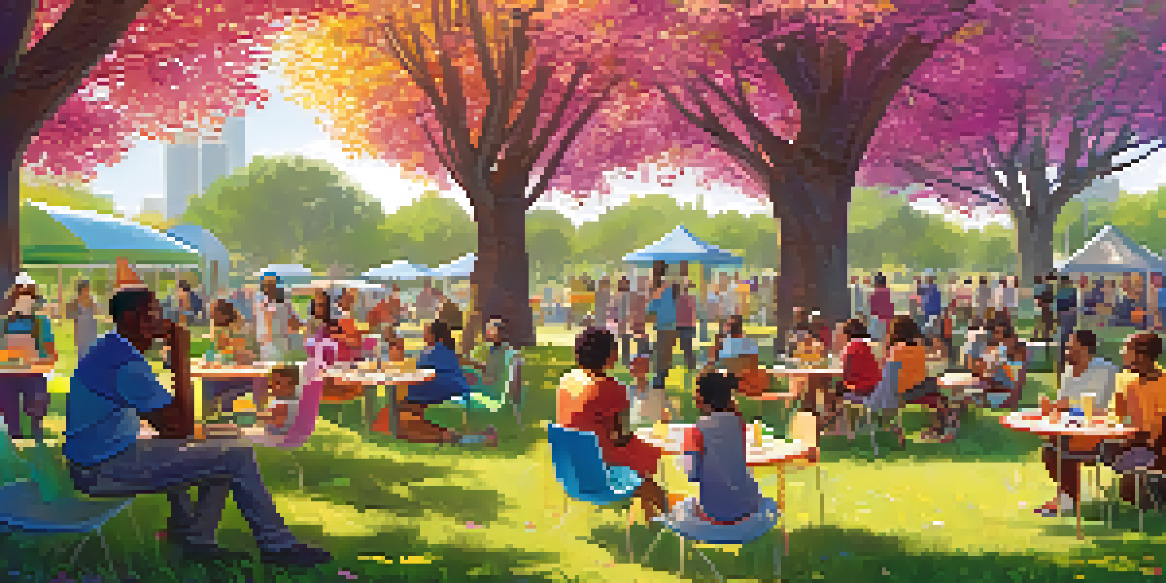 A lively community gathering in a park with diverse groups of people sharing food, playing games, and discussing ideas, surrounded by trees and flowers.