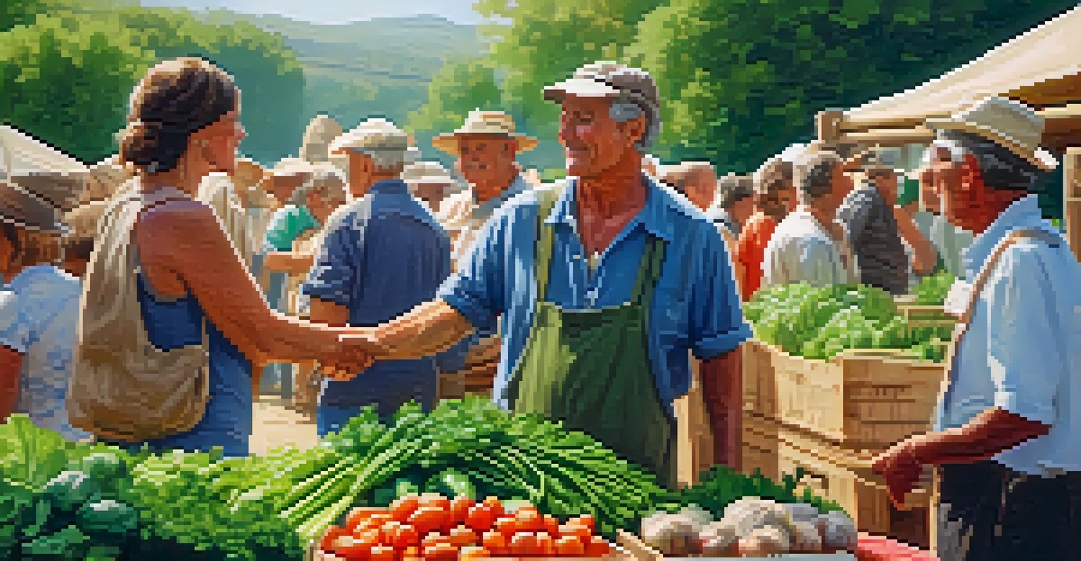 A local farmer at an Eco-Fair explaining organic farming practices to a group, with fresh vegetables on display.
