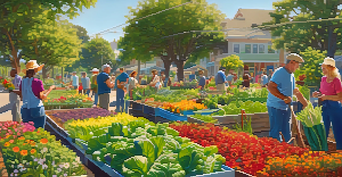 A community garden in San Jose with vegetables and flowers, residents gardening under a clear blue sky.