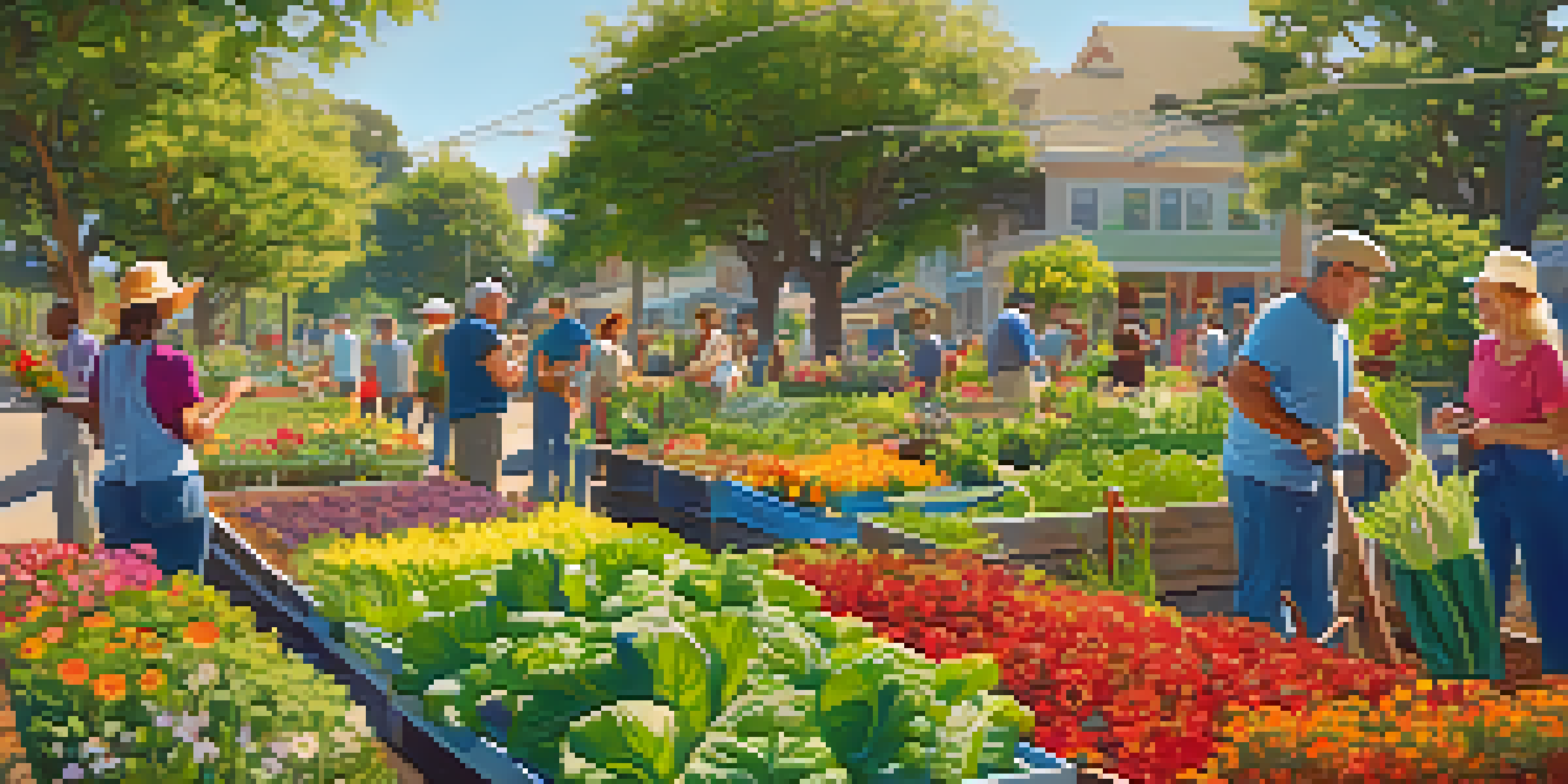 A community garden in San Jose with vegetables and flowers, residents gardening under a clear blue sky.
