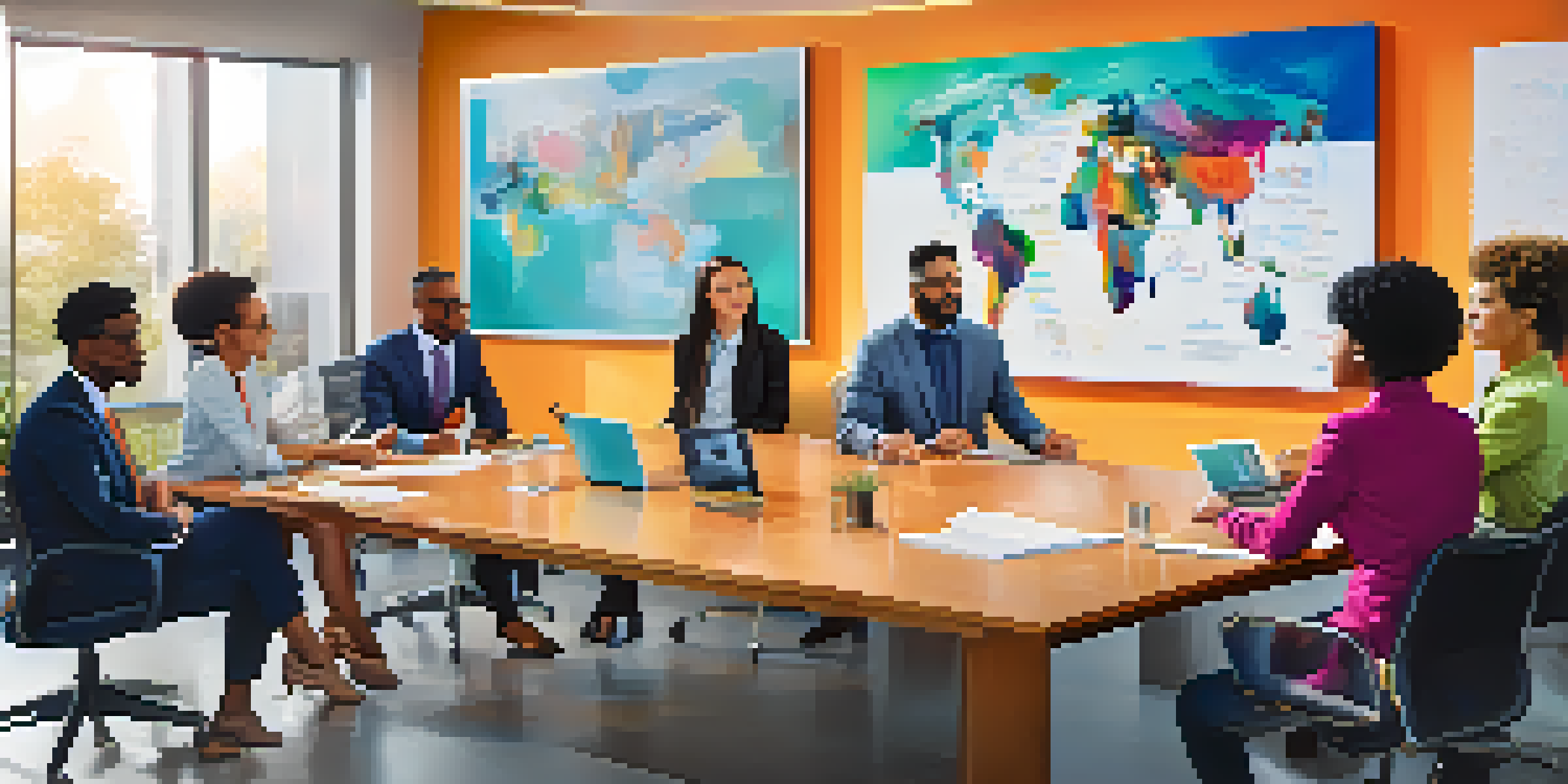 A diverse group of professionals collaborating in a modern office meeting, representing various ethnicities and genders.