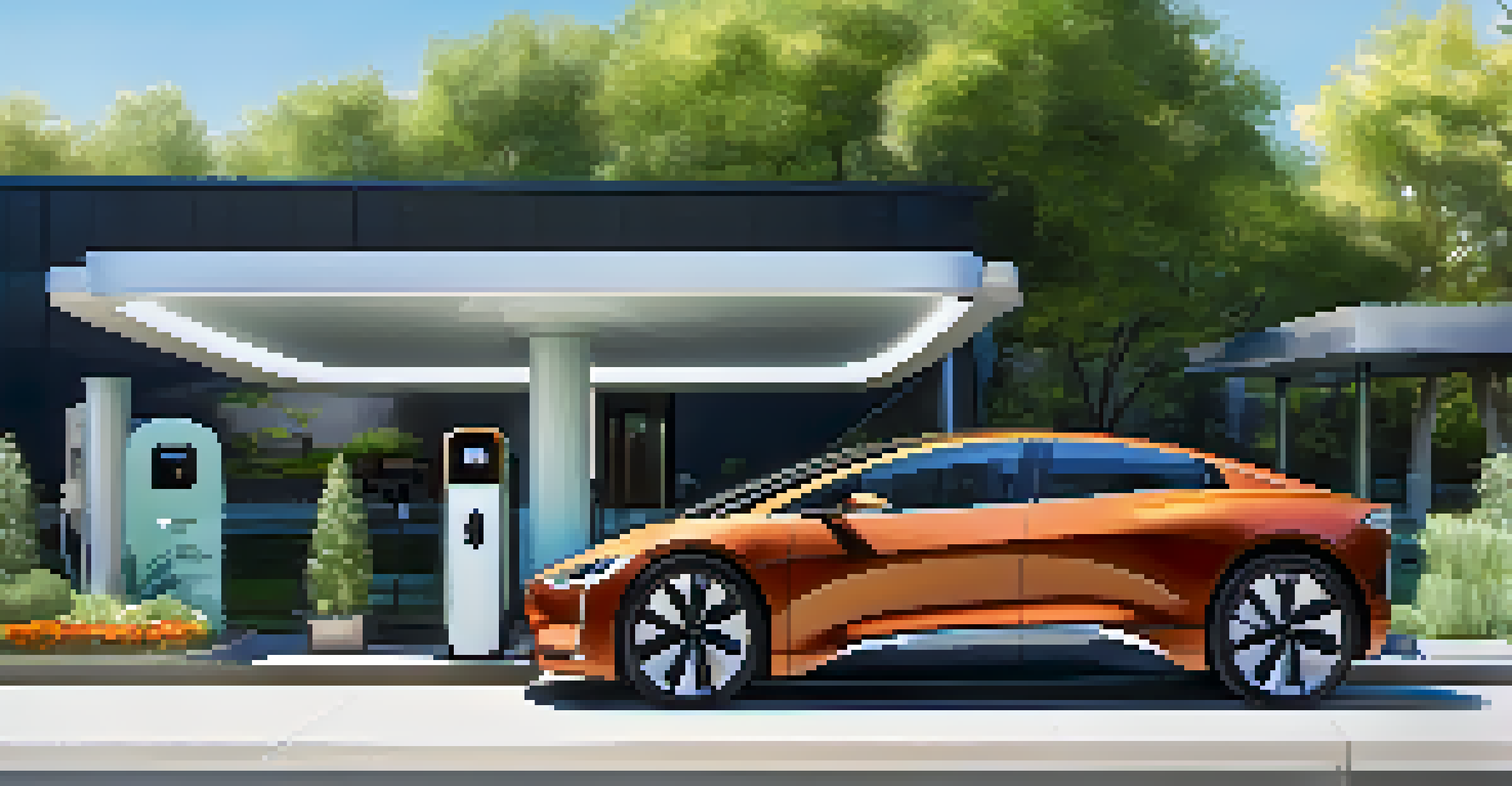 A close-up of a modern electric vehicle charging station surrounded by flowers and greenery, with an EV plugged in, set against a clear blue sky.