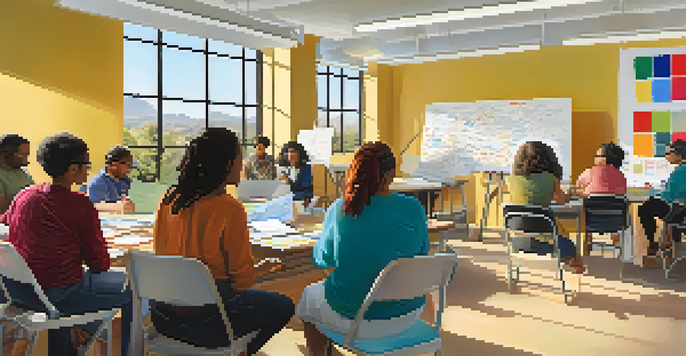 A diverse group of adults attending a financial literacy workshop in a well-lit room, with an instructor presenting colorful materials.
