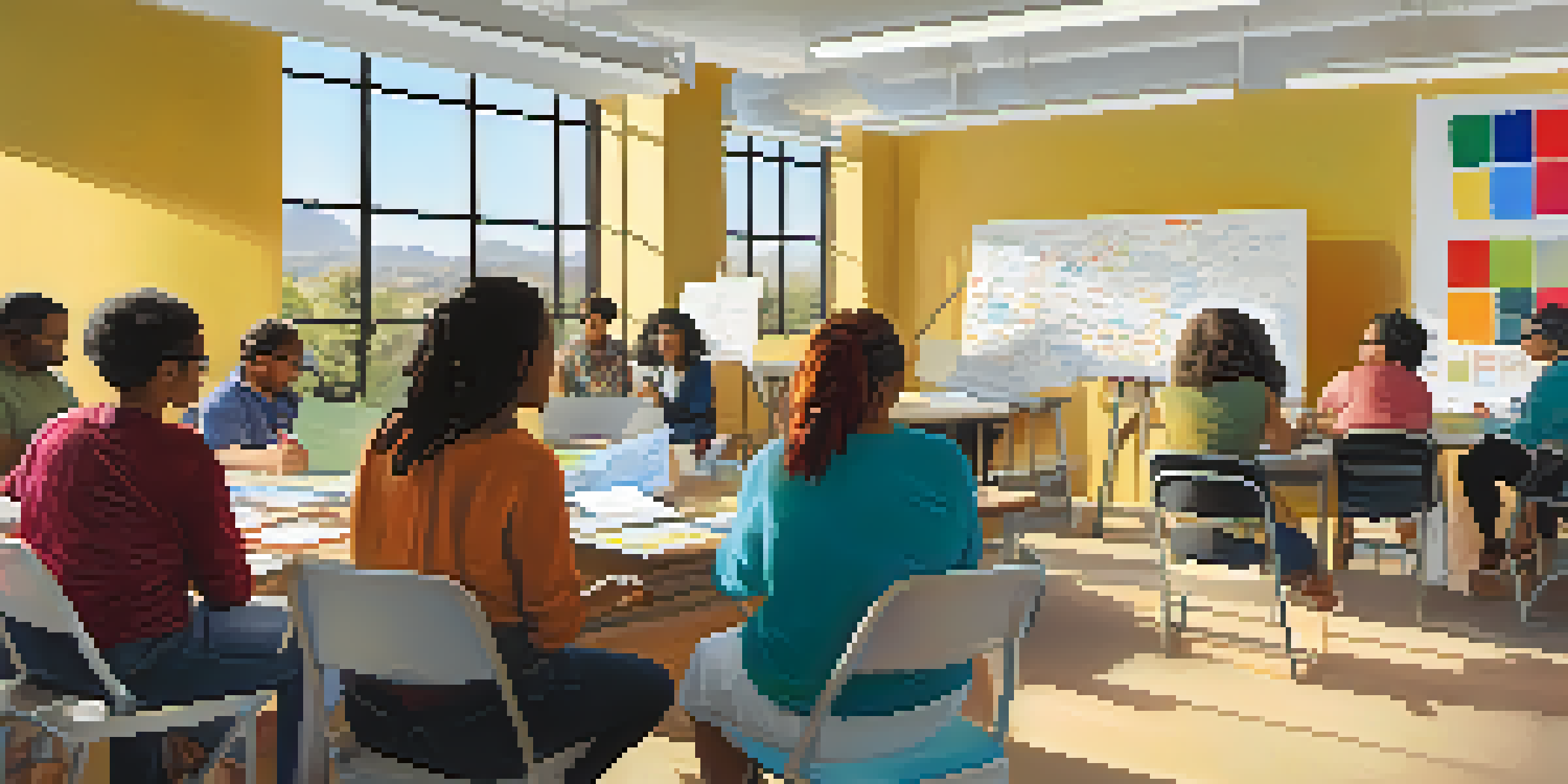 A diverse group of adults attending a financial literacy workshop in a well-lit room, with an instructor presenting colorful materials.