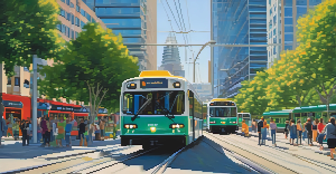 A detailed cityscape of San Jose with a light rail train, passengers, and buses in a lively urban environment.