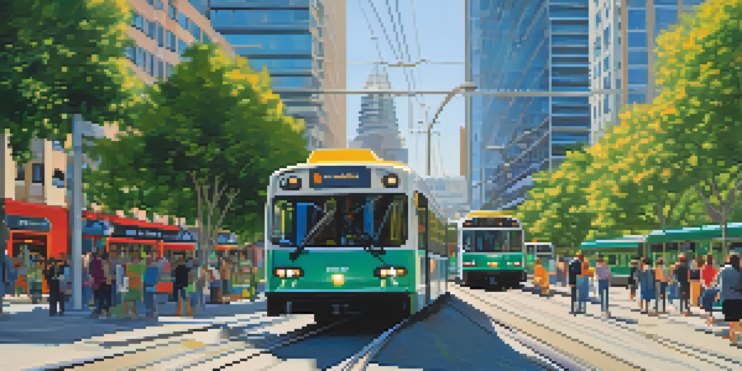 A detailed cityscape of San Jose with a light rail train, passengers, and buses in a lively urban environment.