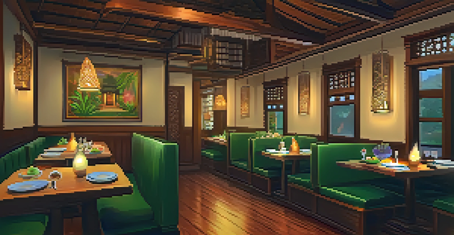Cozy interior of a Thai restaurant featuring traditional dishes and warm decor, creating an inviting dining atmosphere.
