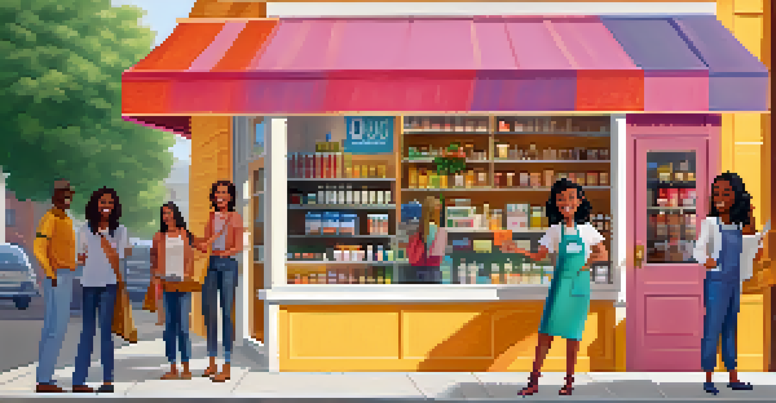 A local business owner promoting discounts for vaccinated customers in front of their cheerful shop.