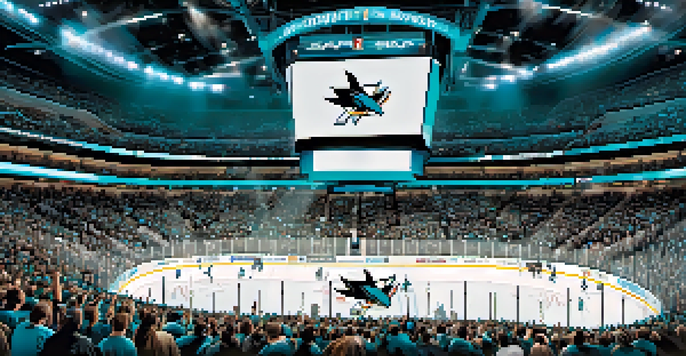 A lively hockey game at SAP Center with excited fans in teal, players on the ice, and bright arena lights.
