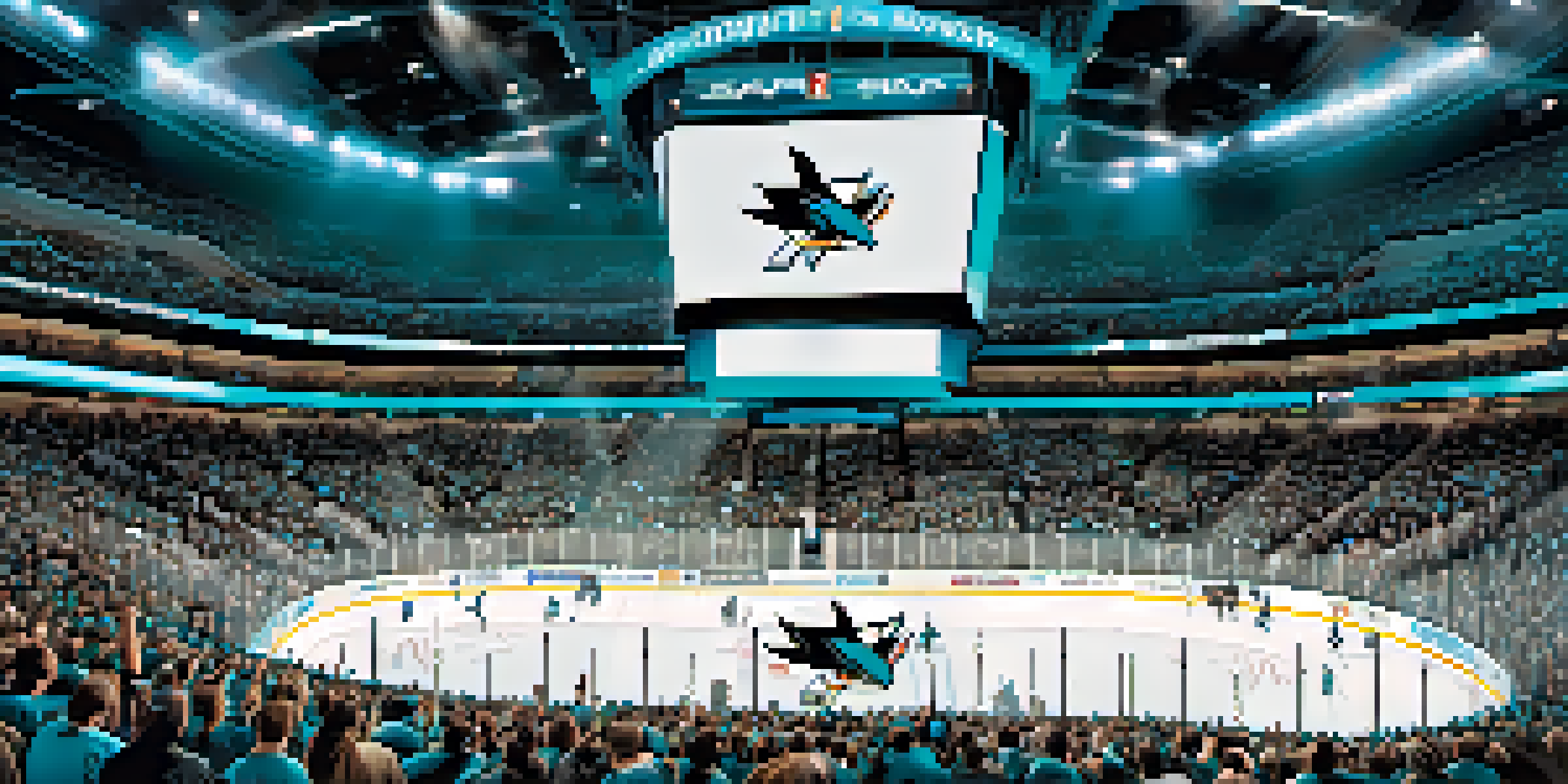 A lively hockey game at SAP Center with excited fans in teal, players on the ice, and bright arena lights.