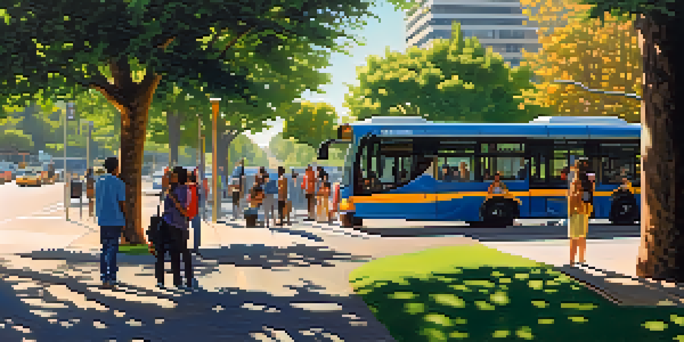 A bustling bus stop in San Jose filled with diverse commuters waiting for their buses, surrounded by greenery and modern buildings.