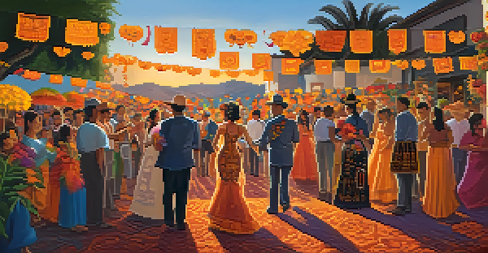 A lively Dia de los Muertos celebration with colorful decorations, altars, and families dressed in traditional clothing enjoying the festivities.