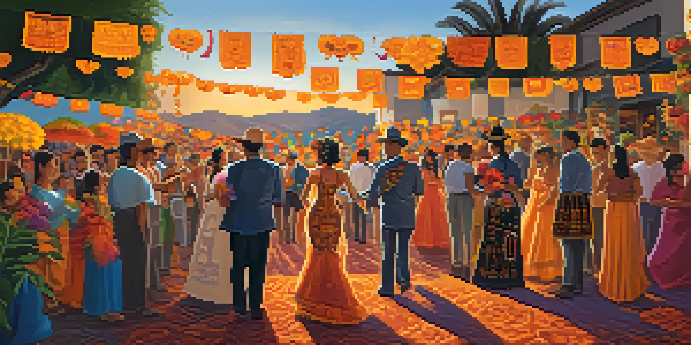 A lively Dia de los Muertos celebration with colorful decorations, altars, and families dressed in traditional clothing enjoying the festivities.