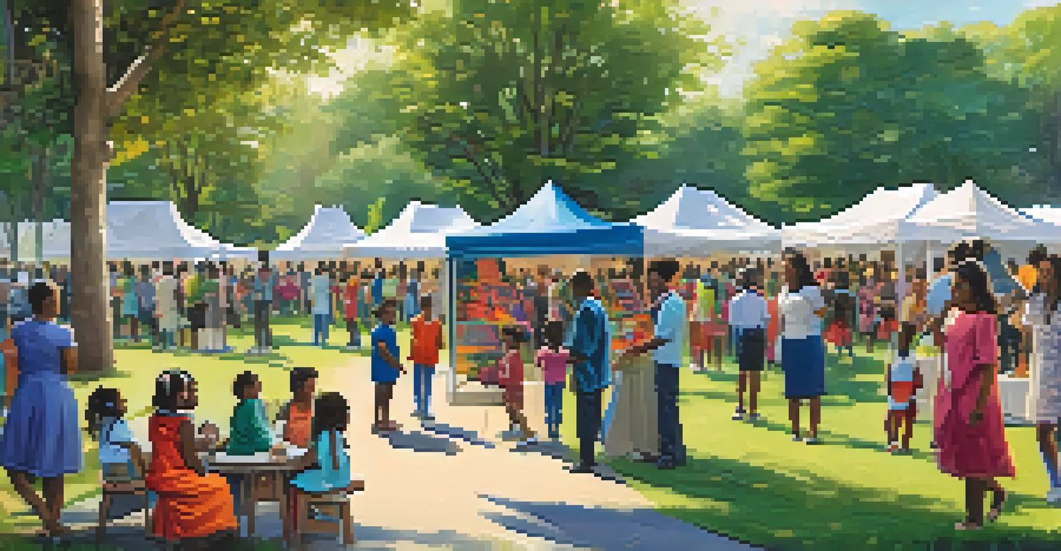Women leaders engaging with families at a community event in a park, with educational booths and joyful activities.