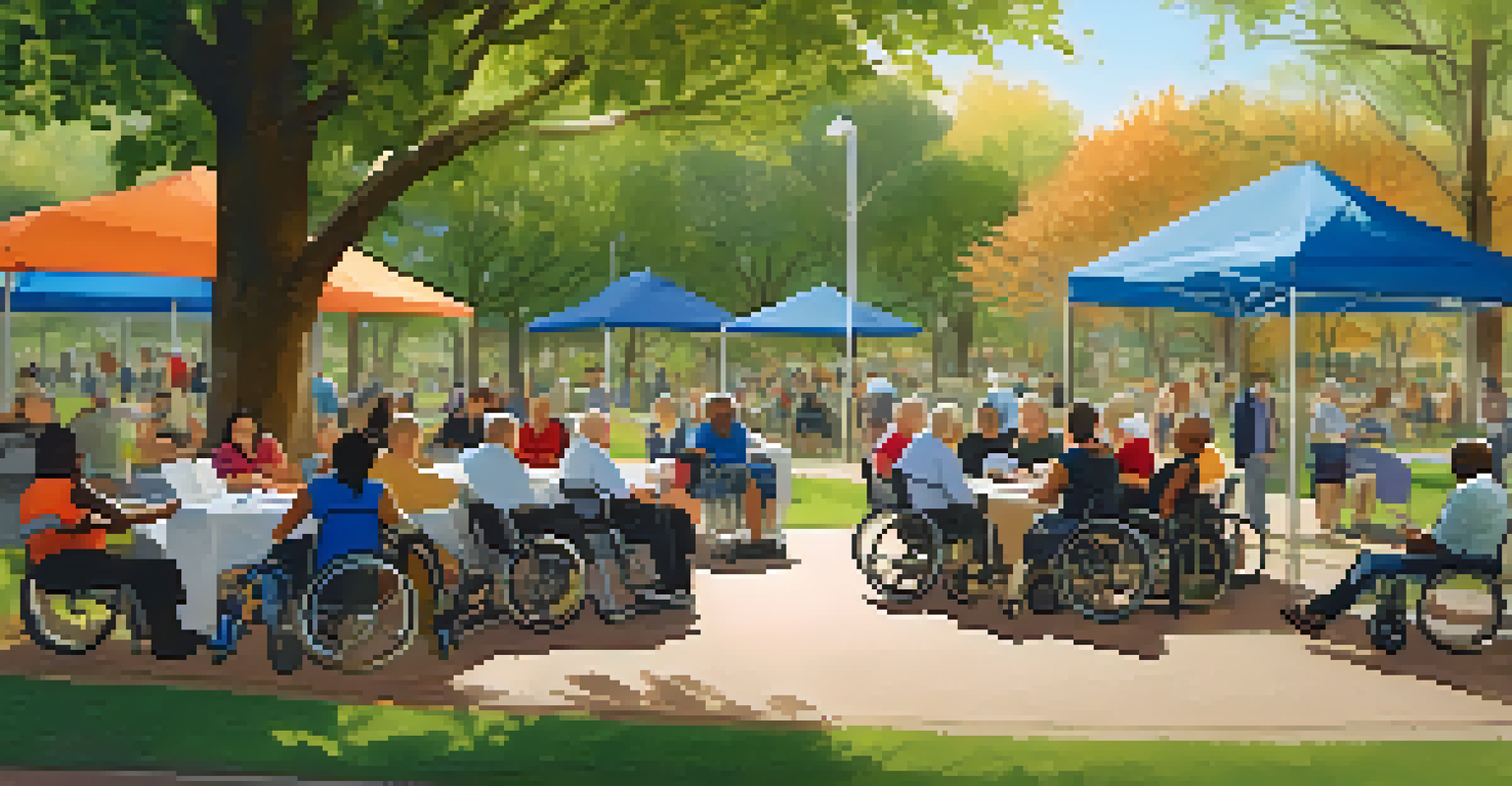 A community workshop in a park discussing accessibility, with people seated around a table under a tree.