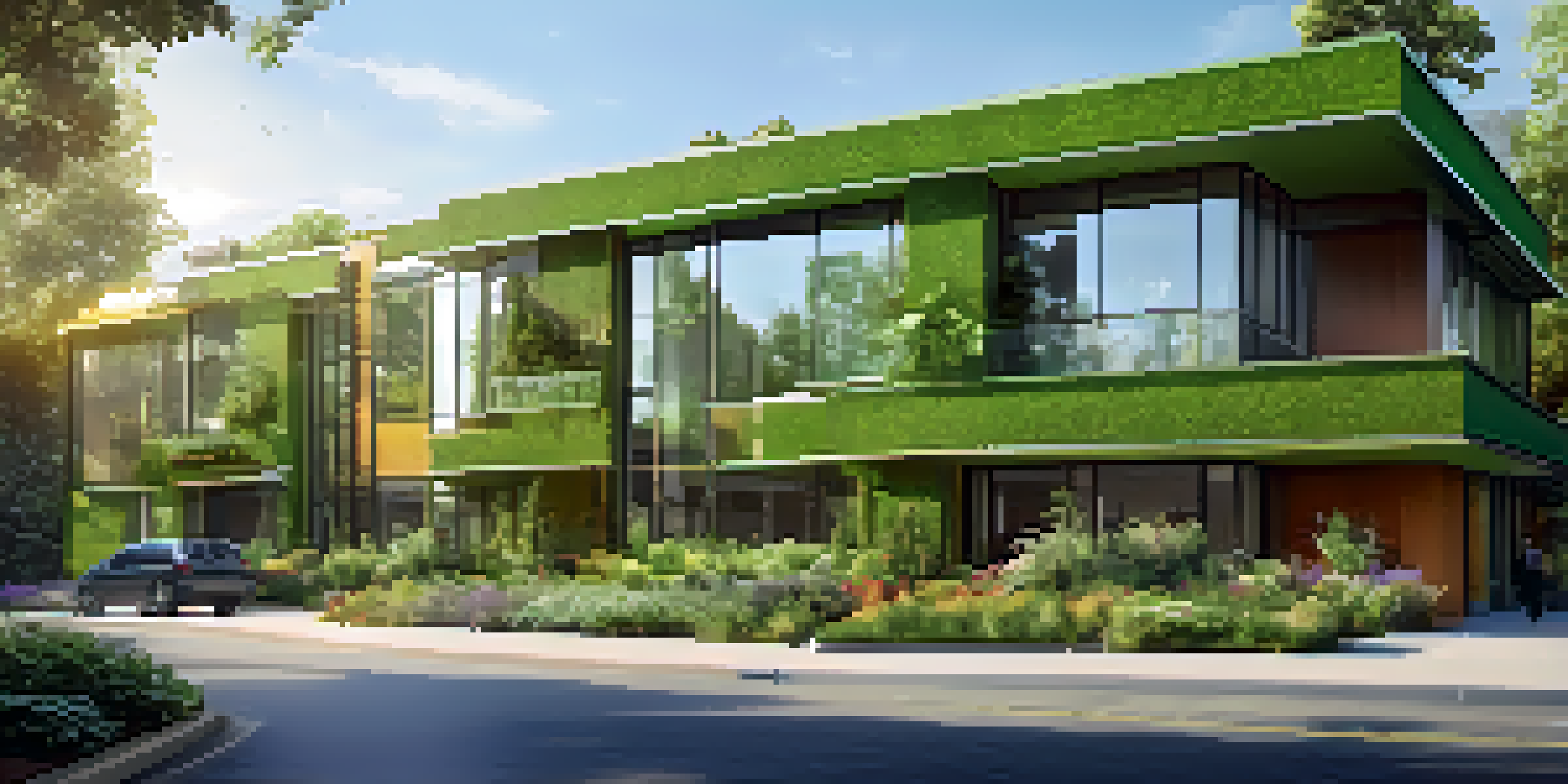 A contemporary green building with solar panels and a green wall, surrounded by lush plants under warm sunlight.
