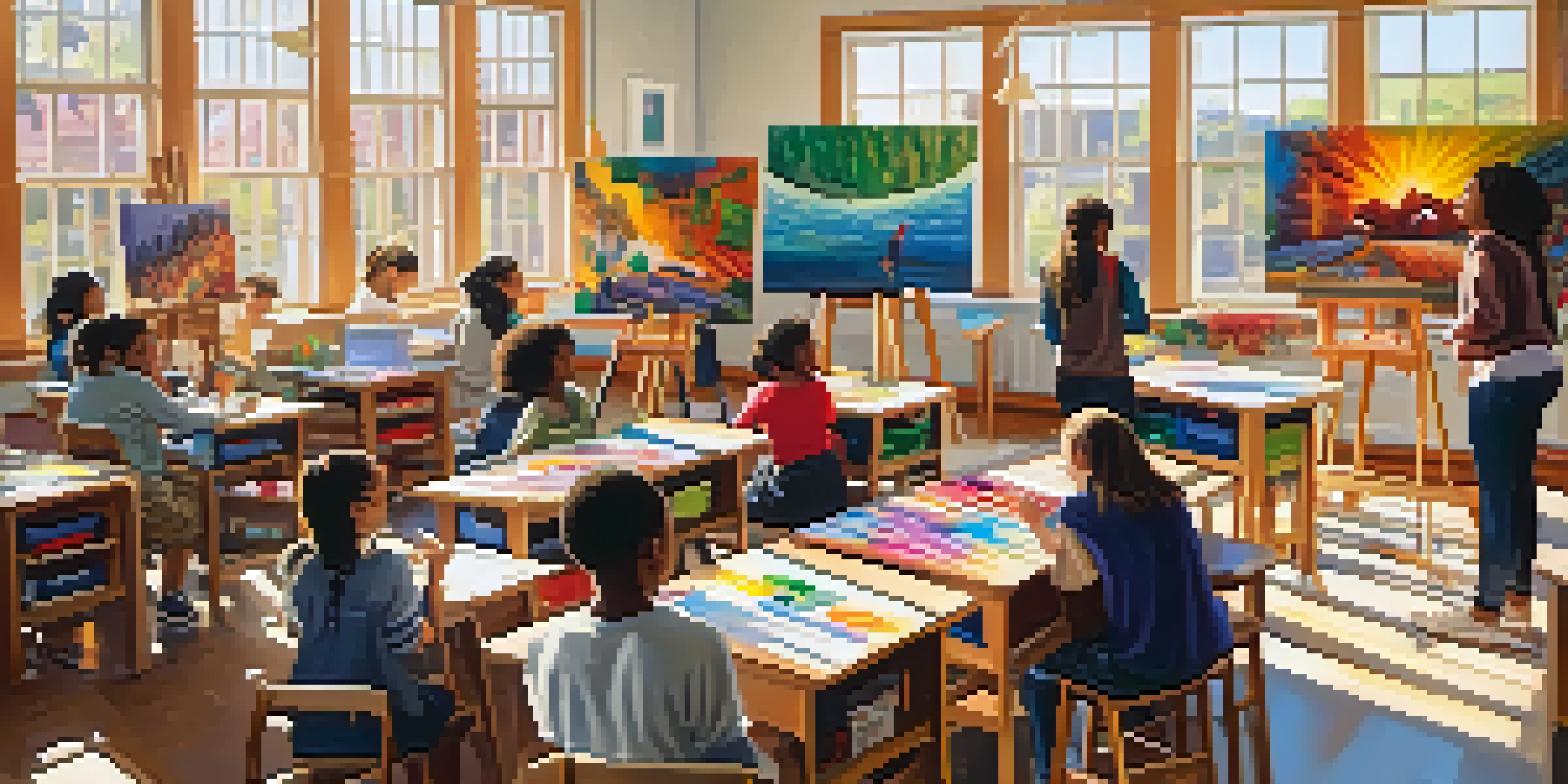 Students of various ethnicities working together on a colorful mural in a bright classroom filled with art supplies.