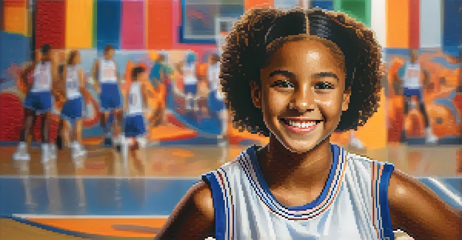 A young girl holding a basketball, smiling in her team uniform on a vibrant basketball court.