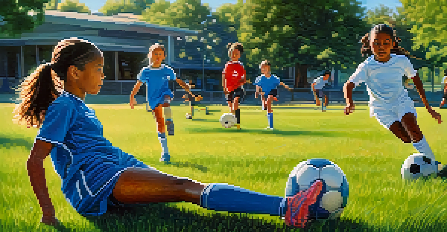 A young female soccer player practicing in a park, showcasing determination, with children playing in the background.