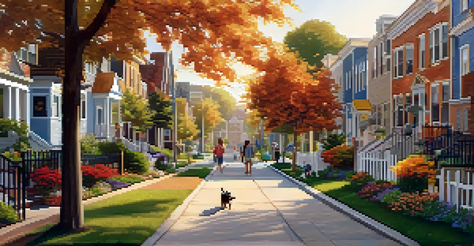 A peaceful neighborhood sidewalk with children walking, adults with dogs, and colorful houses.