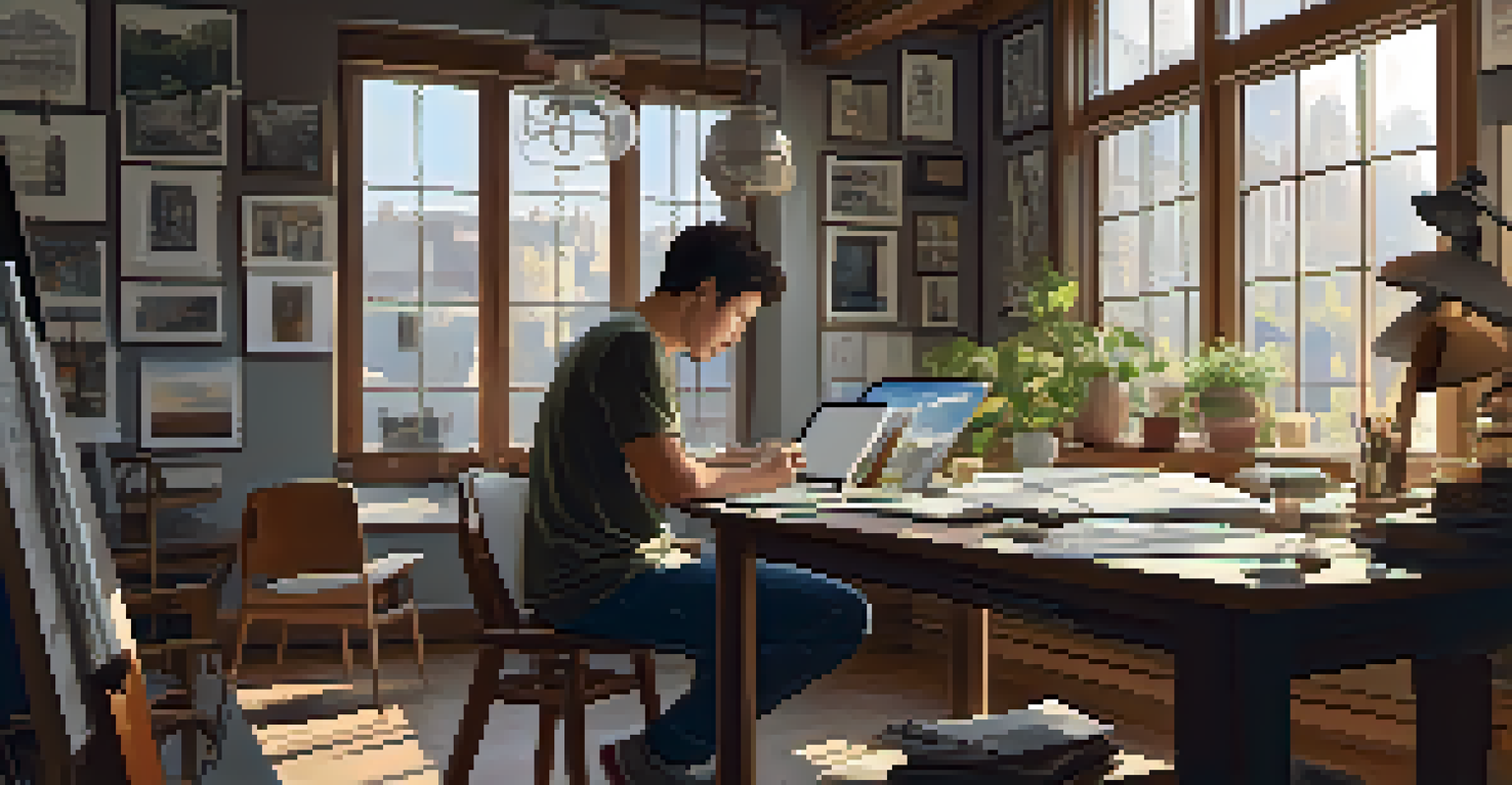 An artist in a cozy studio, using a digital tablet surrounded by sketches and screens, with natural light illuminating the space.