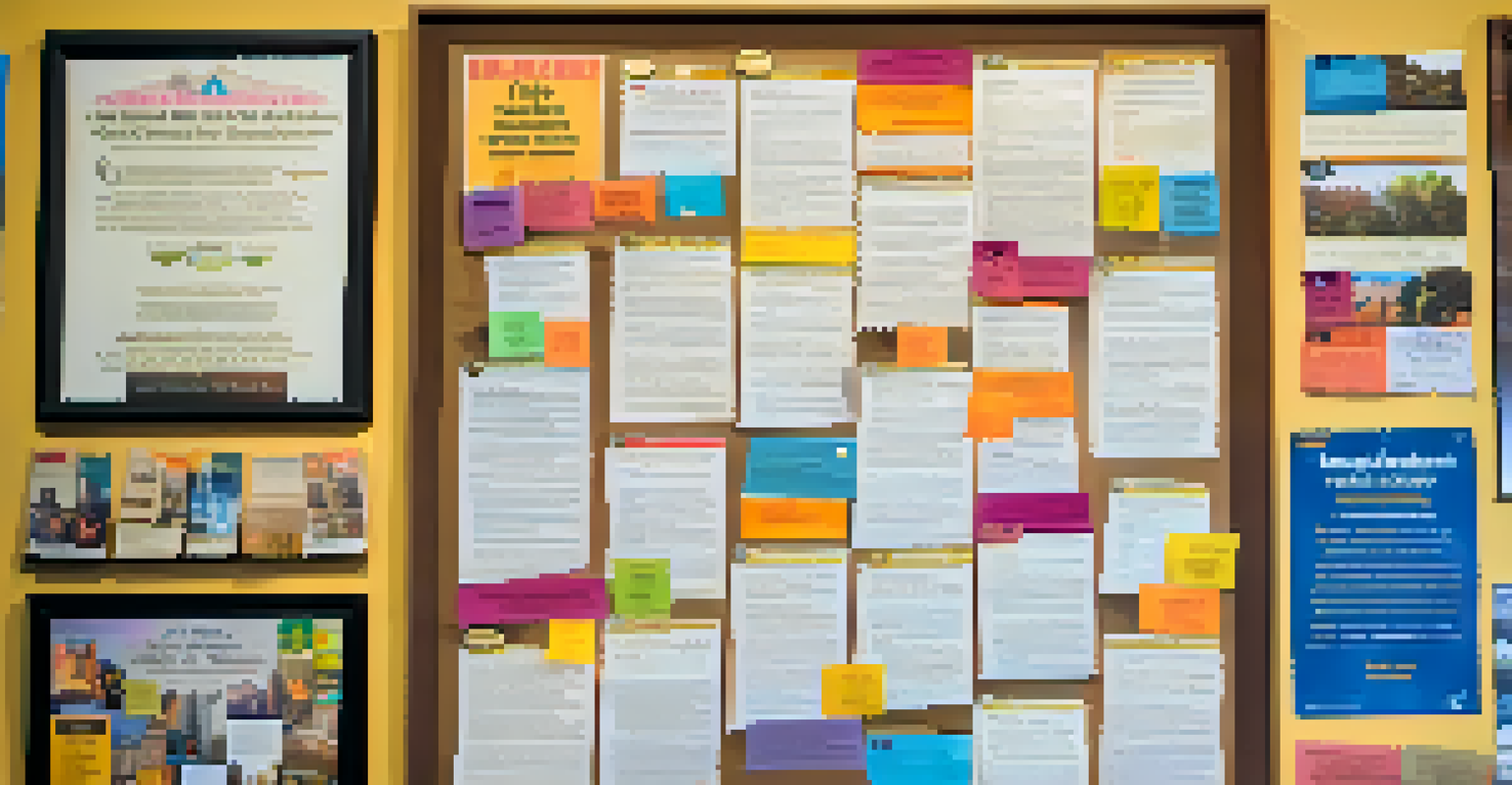 A bulletin board in a library filled with colorful flyers for local volunteer opportunities, illuminated by warm light.