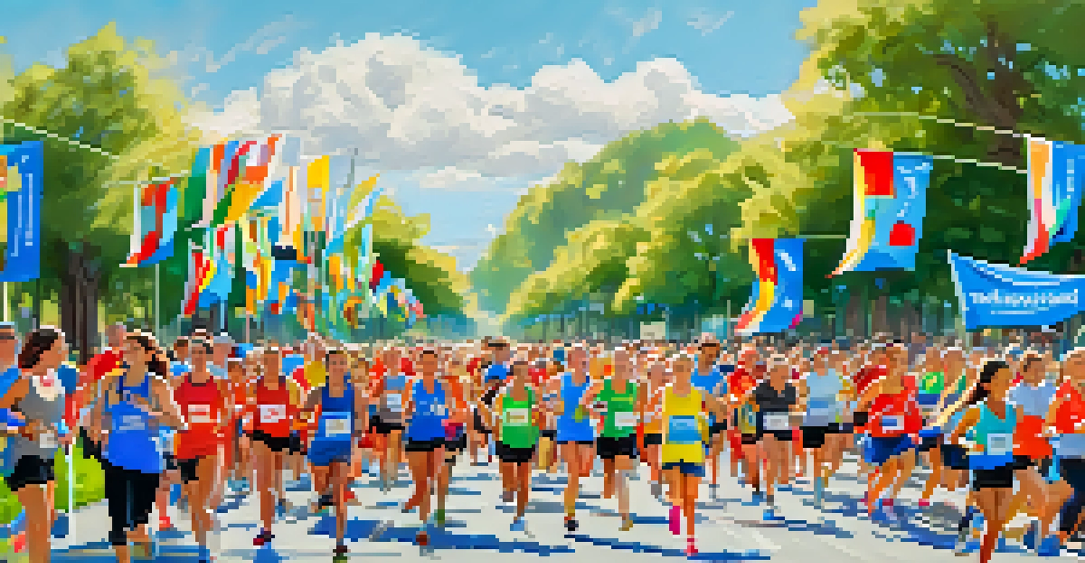 A vibrant community marathon event in a park, with participants running and cheering spectators, surrounded by greenery.