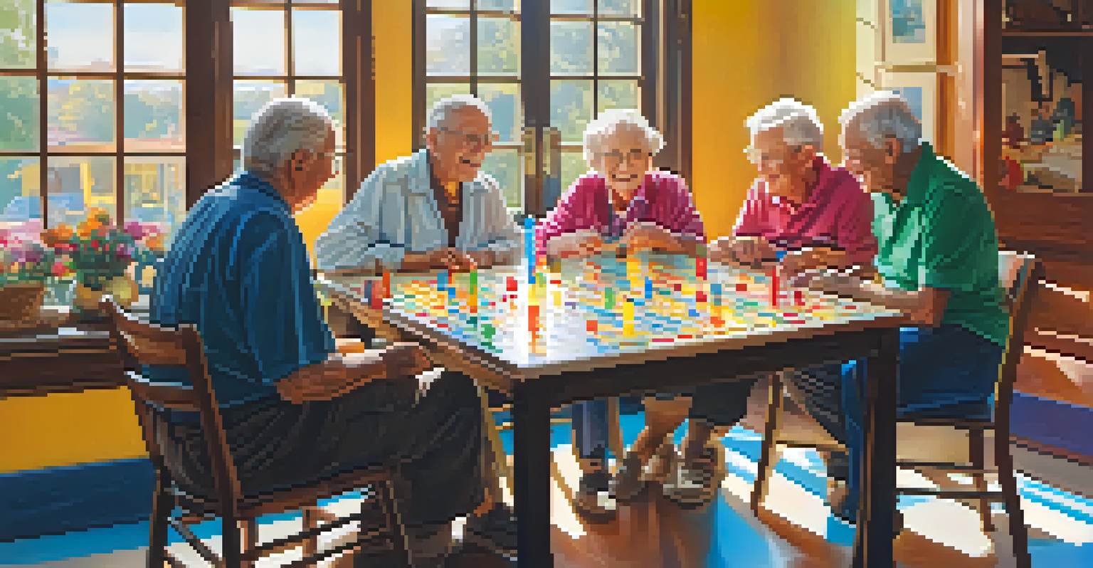 Seniors playing a board game with a young volunteer in a bright, cheerful room.
