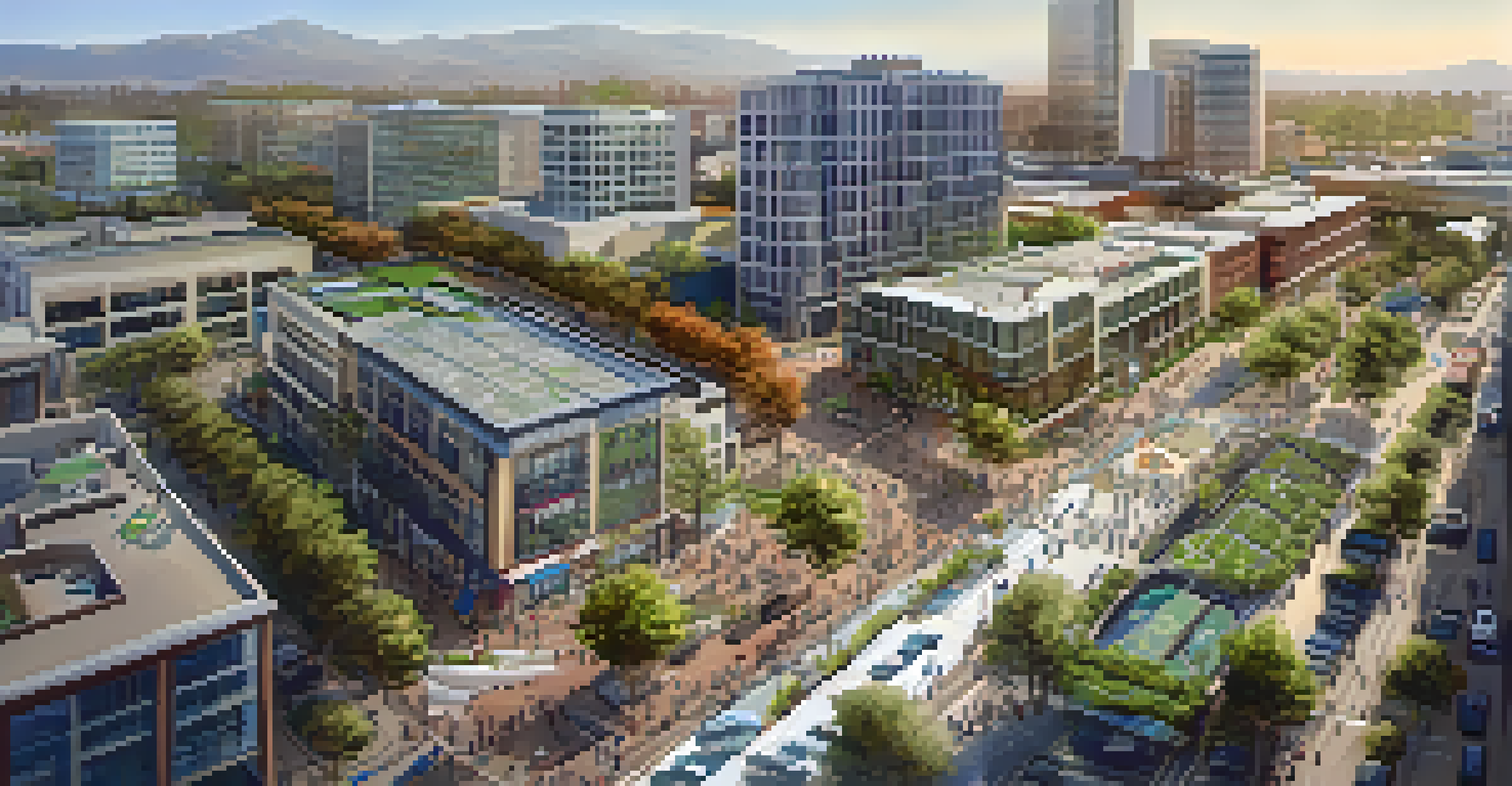 An aerial perspective of a vibrant urban area with a transit hub, featuring parks, residential buildings, and pathways for pedestrians and cyclists.