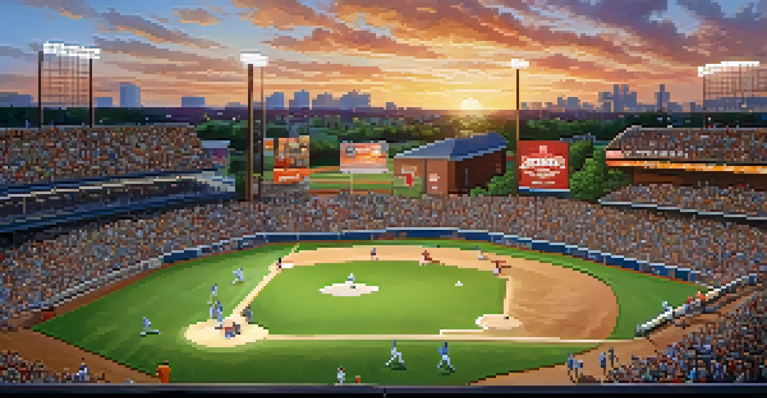 A joyful family enjoying a minor league baseball game, with kids running the bases and a lively atmosphere at Excite Ballpark during sunset.