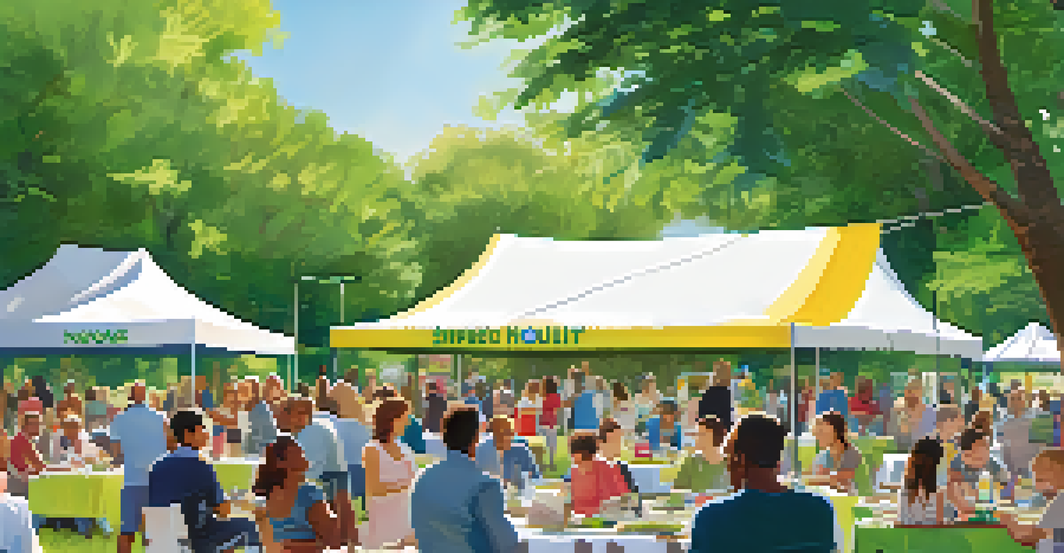 An outdoor event in a park promoting affordable housing, featuring colorful banners and diverse groups of people interacting.