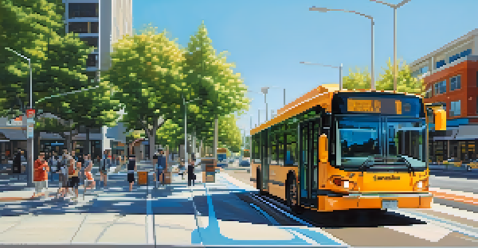 A sunny city street in San Jose with electric buses, modern buildings, and green trees.