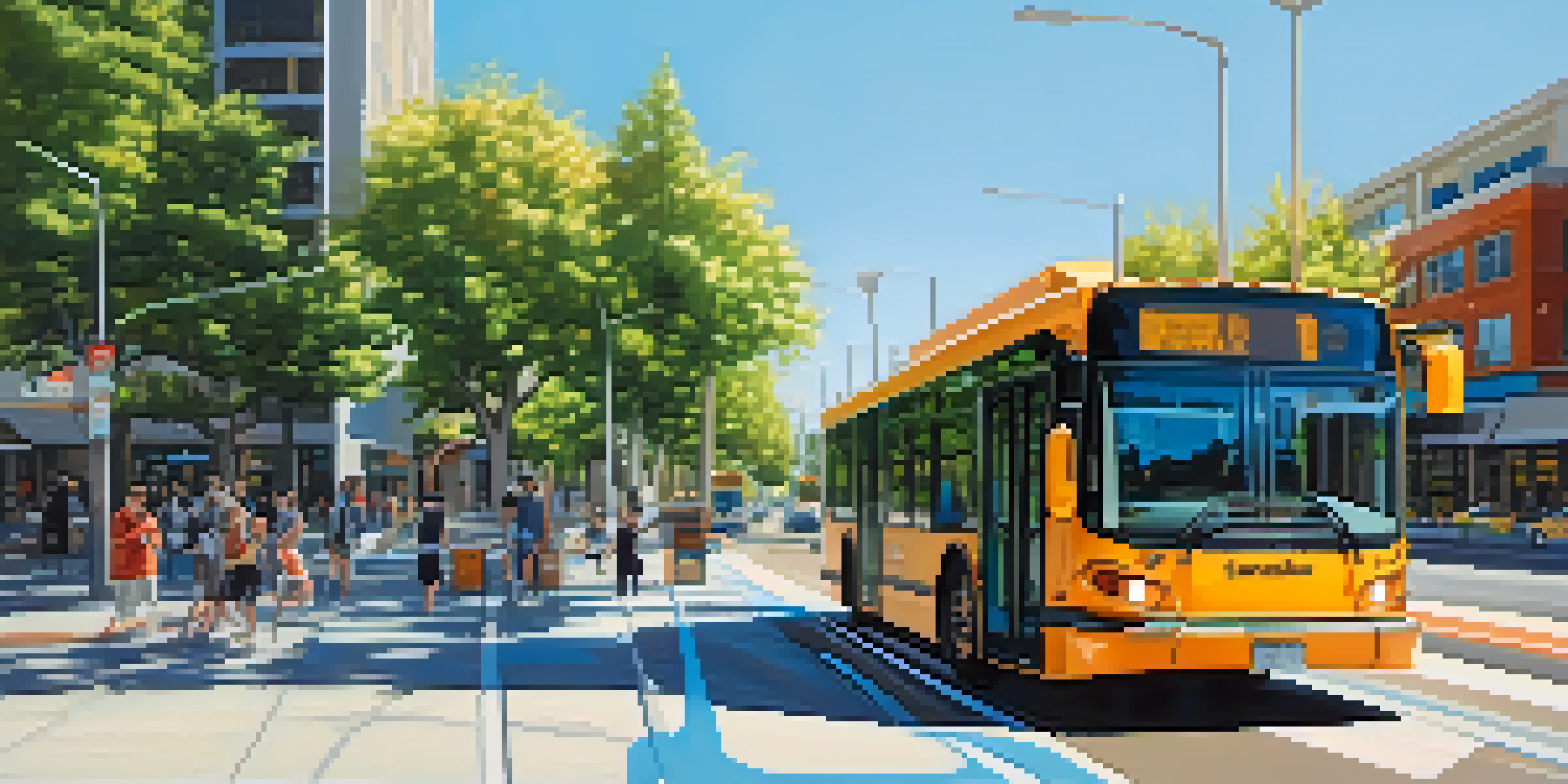 A sunny city street in San Jose with electric buses, modern buildings, and green trees.