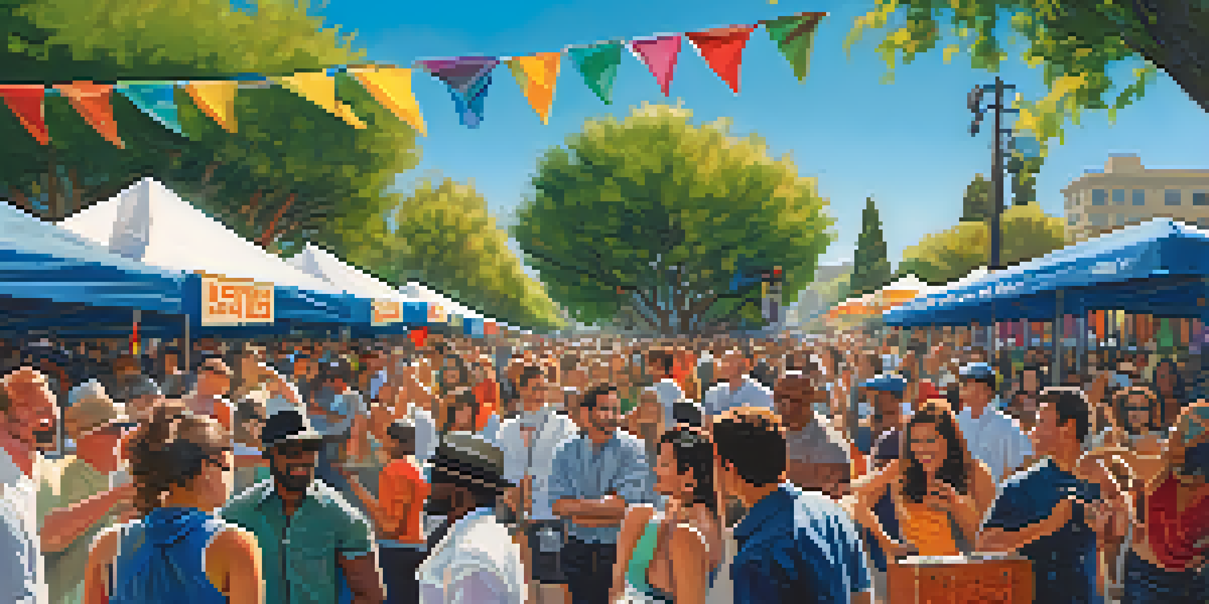 A lively outdoor festival scene with musicians performing and a crowd enjoying the music at the San Jose Jazz Festival.