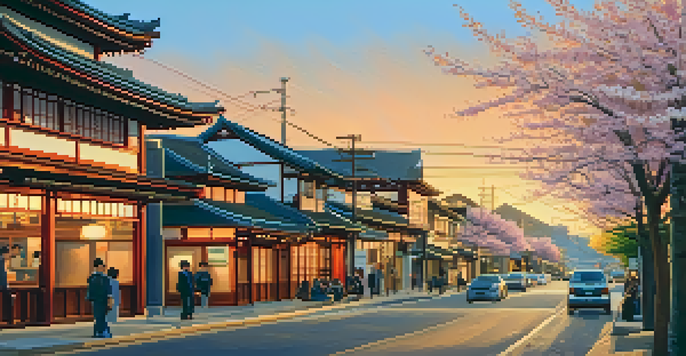 A bustling street in Japantown, San Jose, showcasing traditional architecture and colorful lanterns during sunset.
