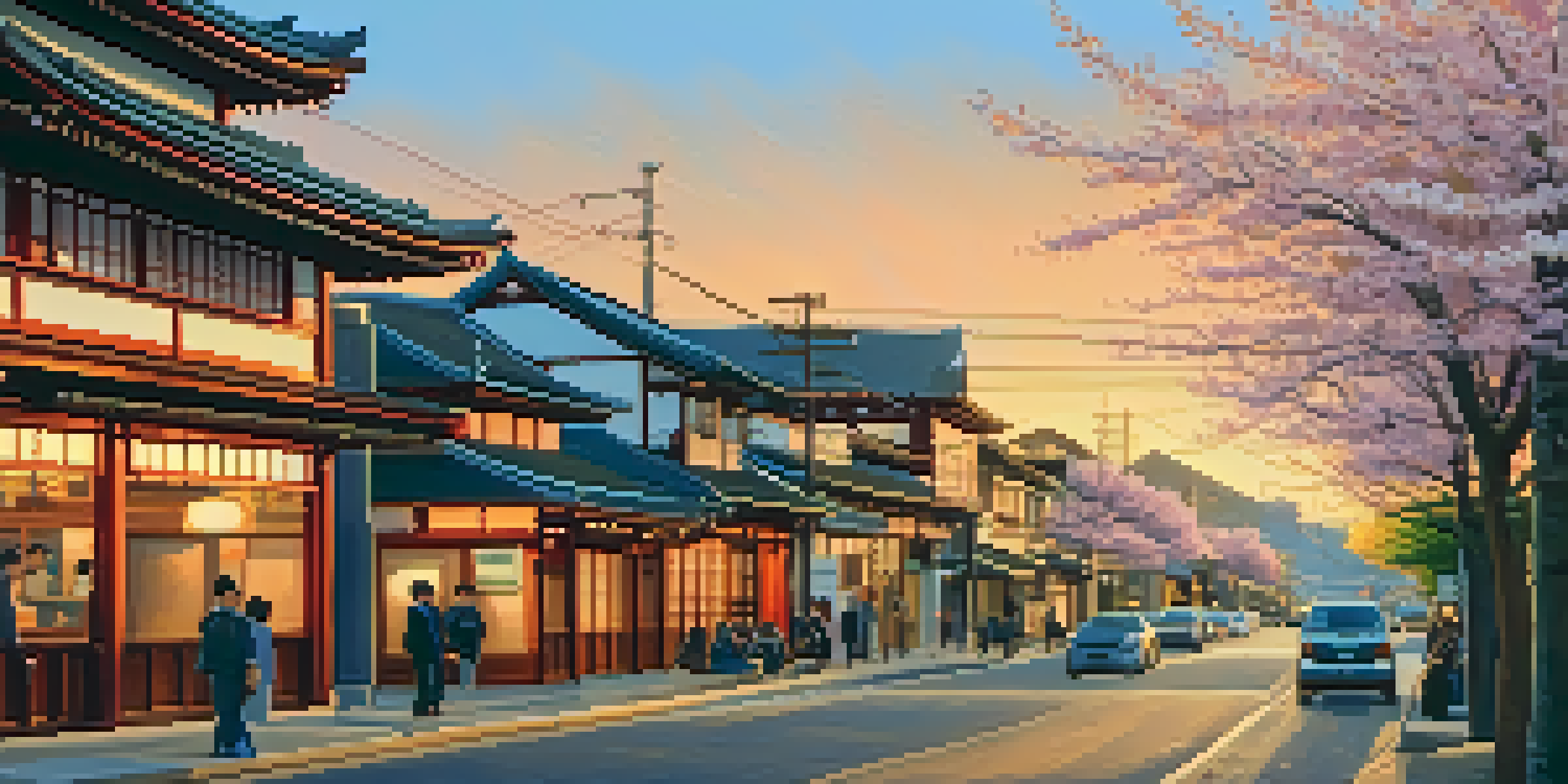 A bustling street in Japantown, San Jose, showcasing traditional architecture and colorful lanterns during sunset.