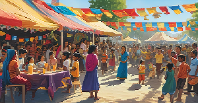 A lively community festival with children playing traditional games and colorful stalls, under warm sunlight, celebrating diverse cultures.